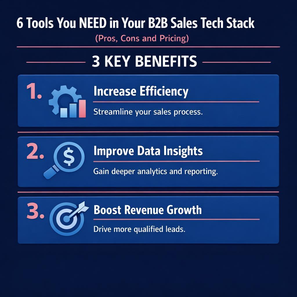 6 Tools You NEED in Your B2B Sales Tech Stack in (Pros, Cons and Pric — key stats, steps and framework infographic for B2B revenue teams | Revspire