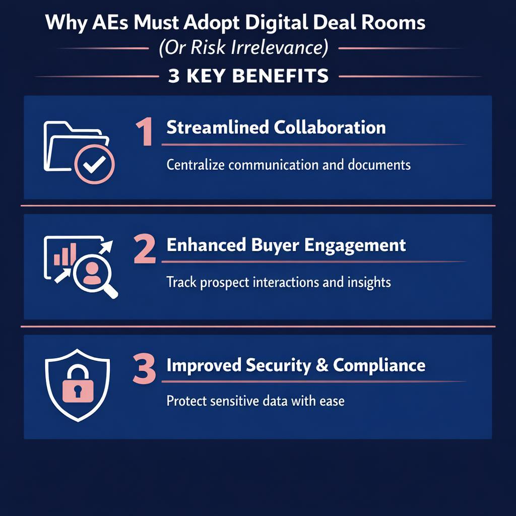 Why AEs Must Adopt Digital Deal Rooms in  (Or Risk Irrelevance) — key stats, steps and framework infographic for B2B revenue teams | Revspire