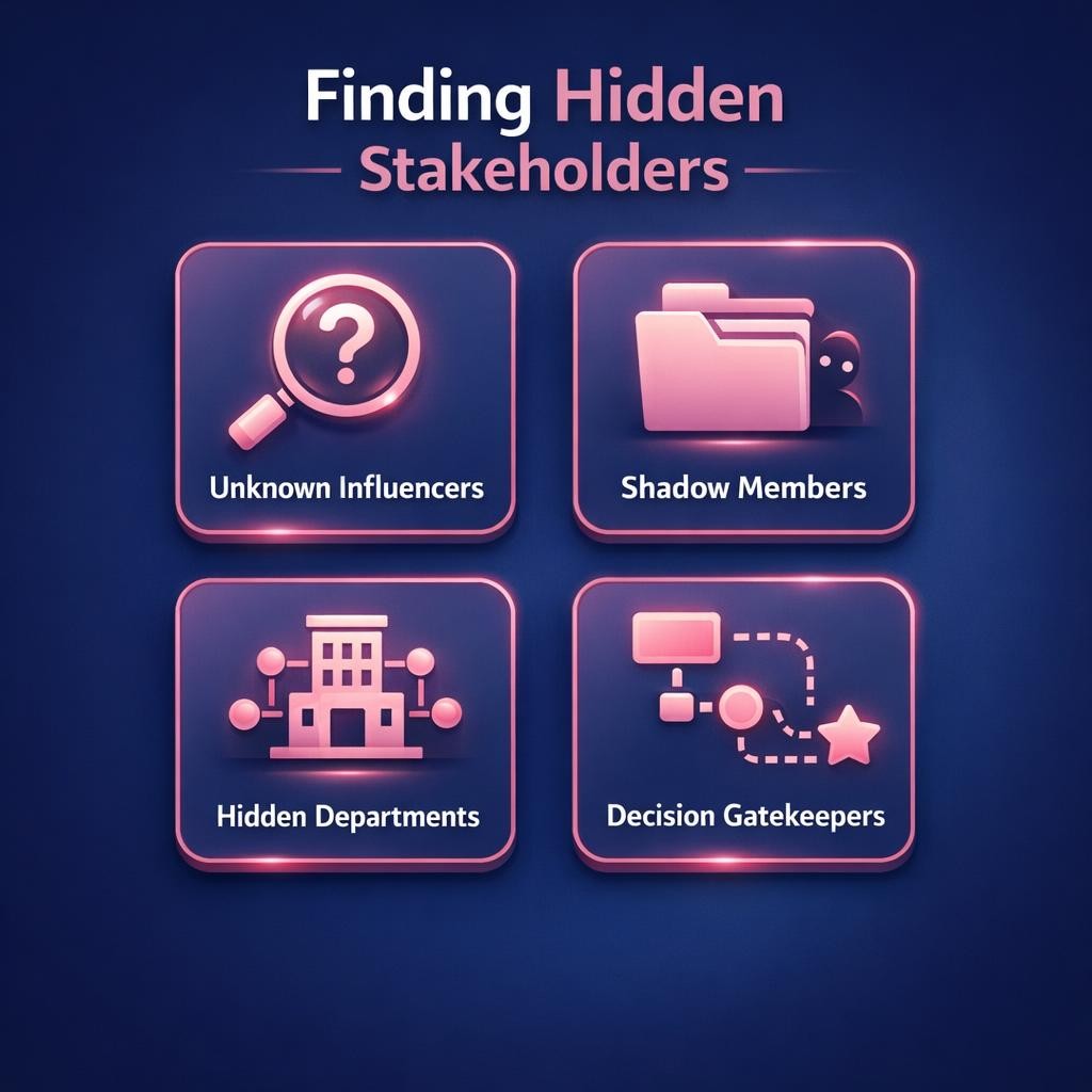 Finding Hidden Stakeholders — key stats, steps and framework infographic for B2B revenue teams | Revspire