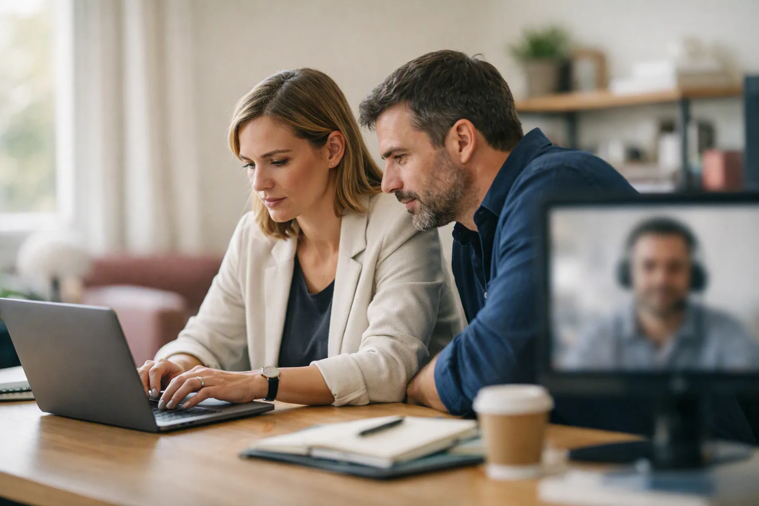 A sales team reviewing digital workspace content during a hybrid planning session.