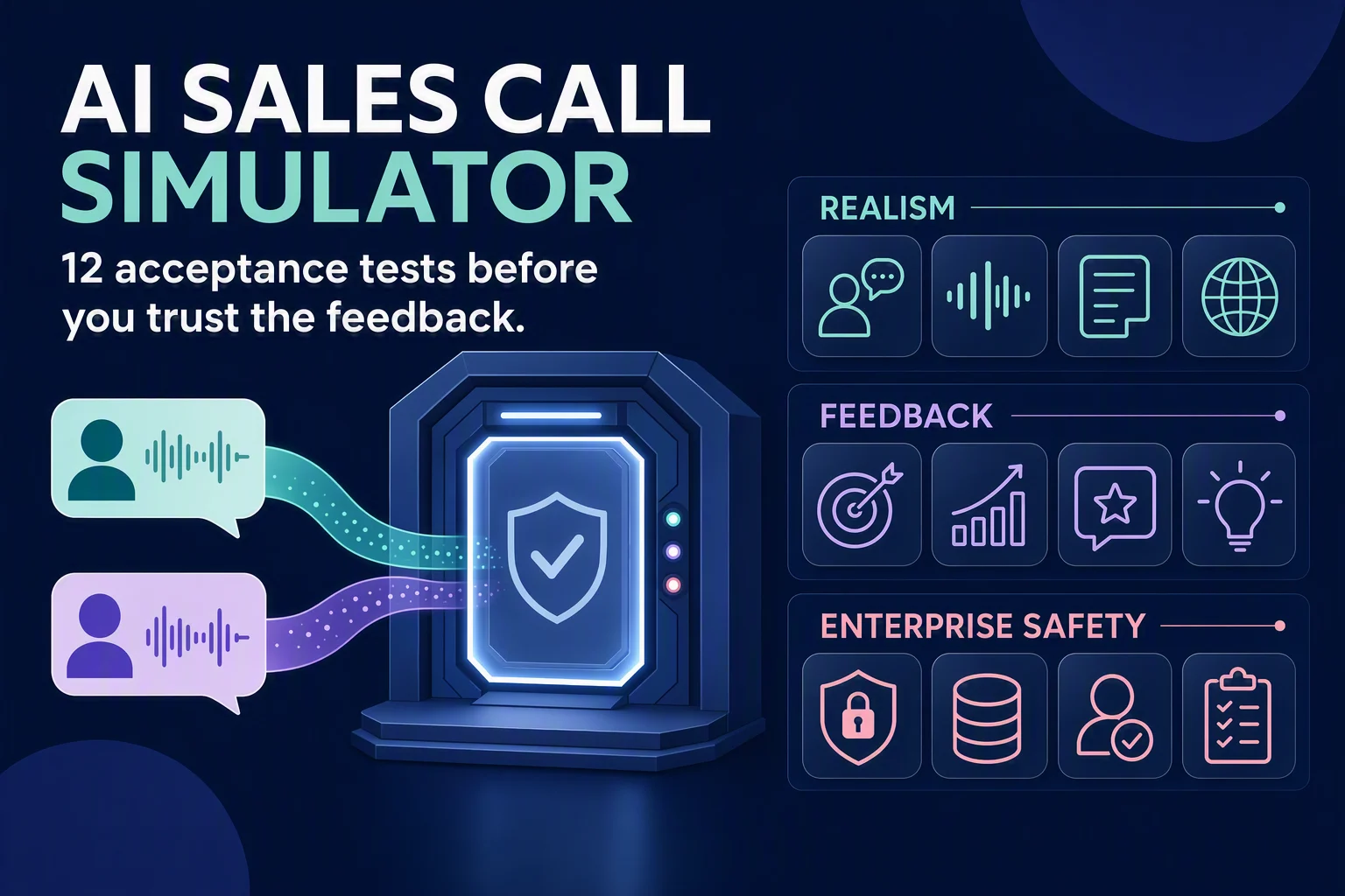 An abstract simulated sales conversation passing through layered tests for realism, feedback quality, and enterprise safety.