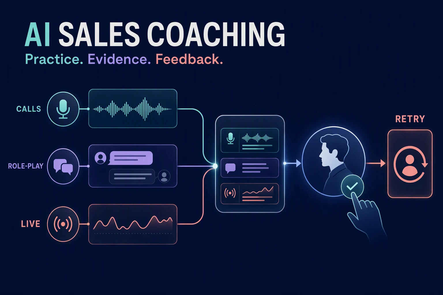 Recorded calls, AI role-play, and live conversation signals converge into evidence-based sales coaching and a focused retry.