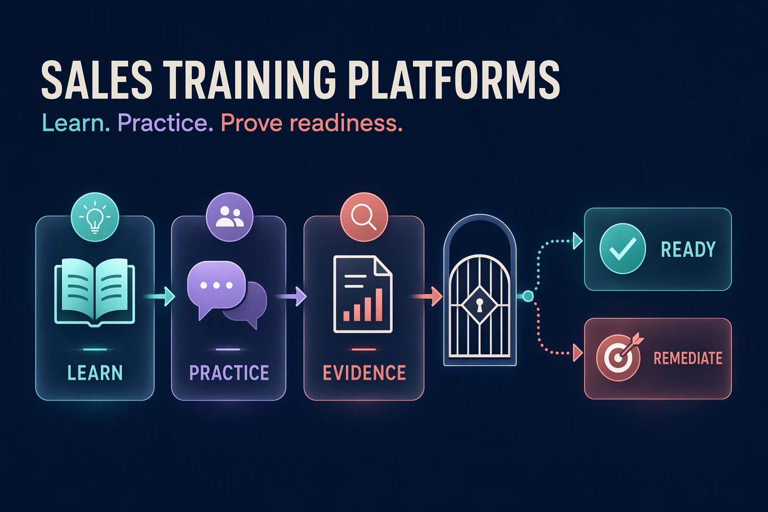 Learning progresses through realistic practice and evidence to a readiness gate or targeted remediation.